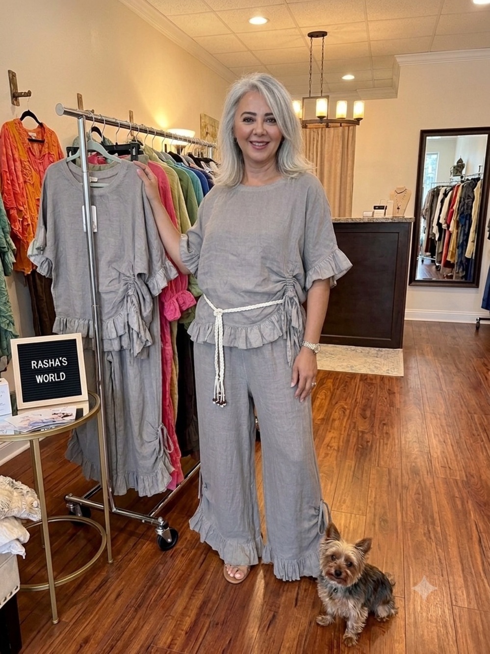 Rashasworld 100% linen taupe silk ruffle Wide Leg Pants & Top Set O/S